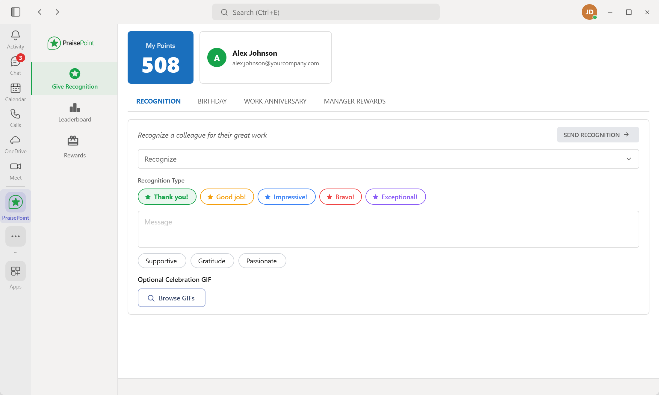 PraisePoint peer recognition in Microsoft Teams